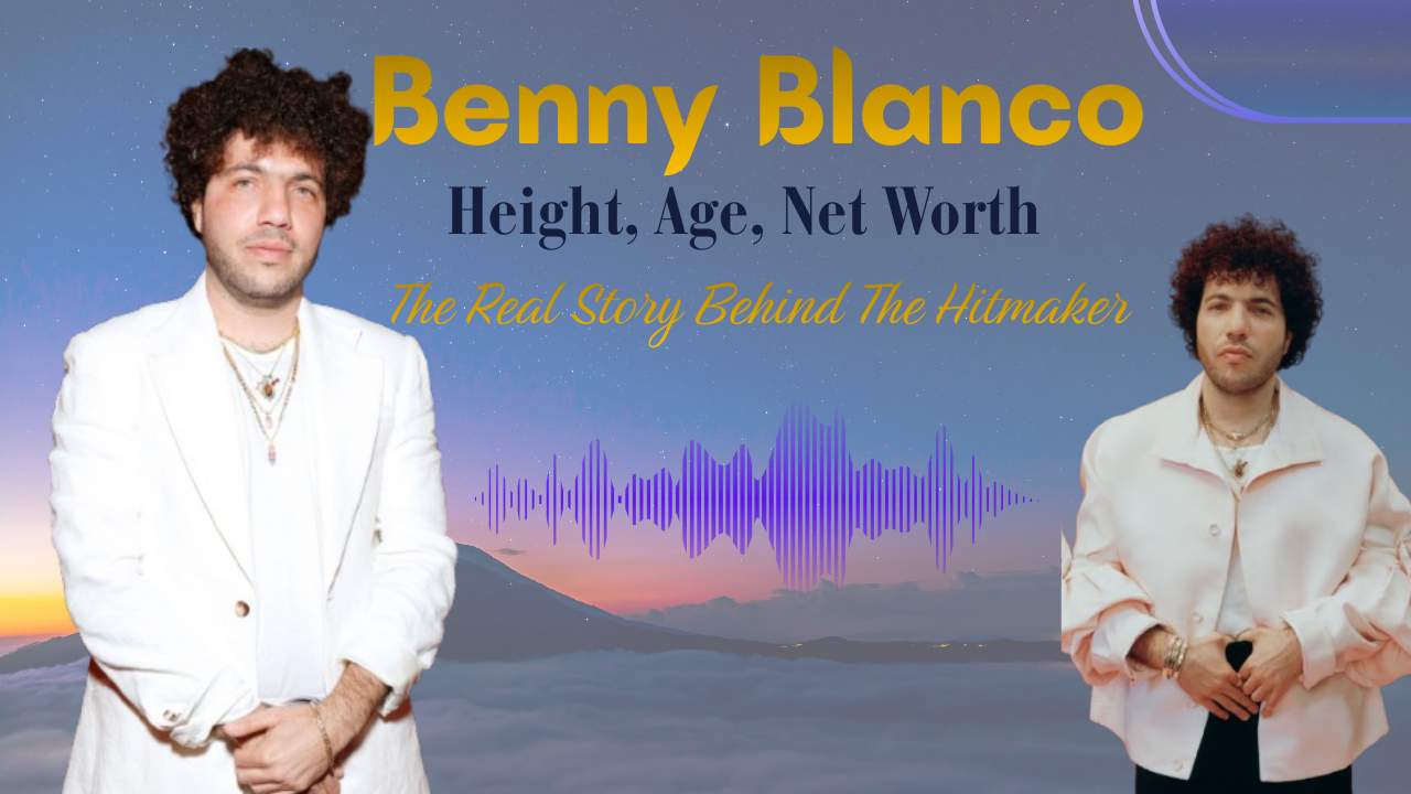 Stylish feature image of Benny Blanco for biography article covering his height, age, net worth, and rise in the music industry