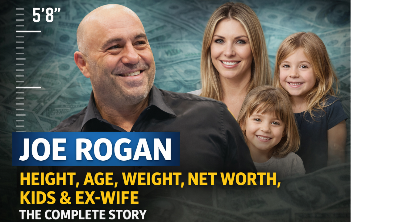 Feature image of Joe Rogan smiling in a black shirt, with a background of dollar bills, a height scale (5'8”), and visuals of a woman and two children, alongside bold text highlighting his height, age, weight, net worth, kids, and ex-wife.