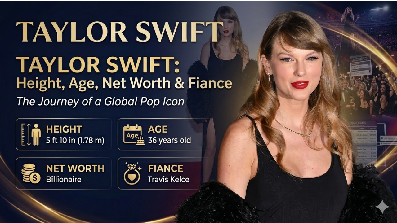 Infographic of Taylor Swift height, age, net worth, and fiance.