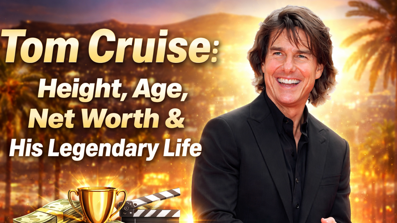 Tom Cruise height age, net worth highlighted in a feature image showing him smiling in a black suit.
