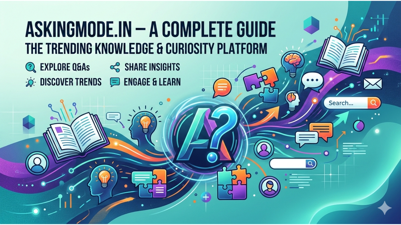 A vibrant digital illustration for an Askingmode.in guide, featuring icons for knowledge sharing, Q&As, and curiosity-driven learning in a modern teal and purple tech style.