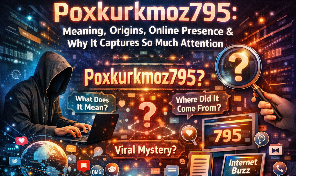 Futuristic digital illustration showing “Poxkurkmoz795” with a hooded figure, glowing data elements, and social media icons representing an online viral mystery.