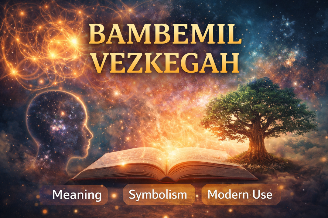 Fantasy-inspired banner featuring Bambemil Vezkegah with swirling cosmic lights, an illuminated book, and a vibrant tree against a starry background.
