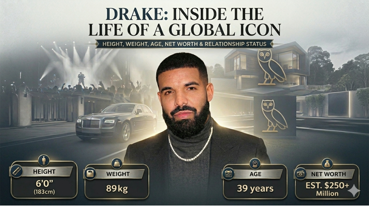 Feature graphic of Drake height, weight, age, and net worth, with luxury backgrounds including a Rolls-Royce, modern mansion, and stage performance visuals.