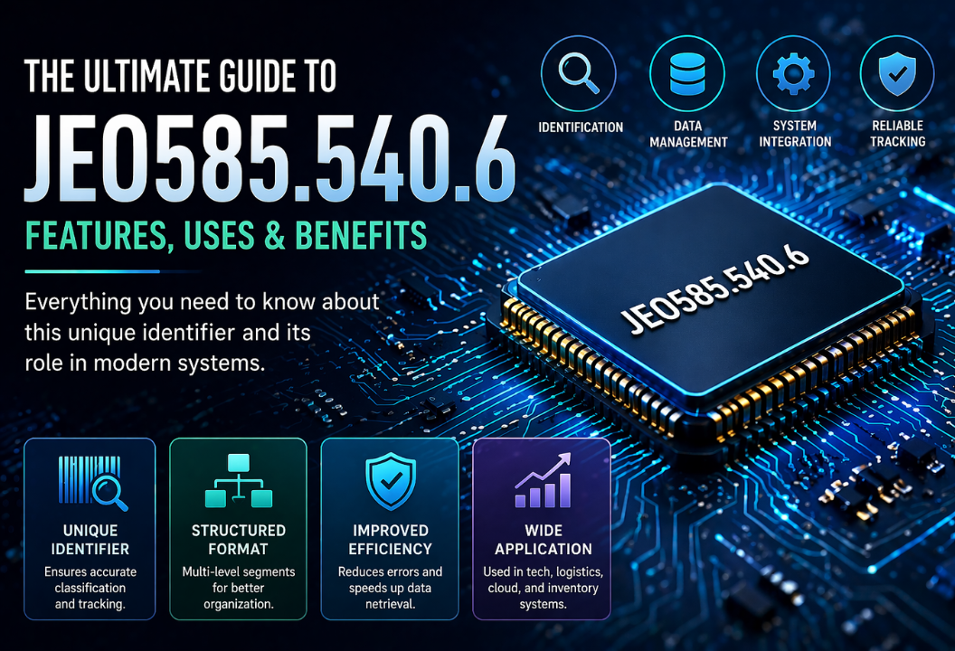 Futuristic digital chip labeled JEO585.540.6 placed on a glowing circuit board with high-tech design elements.