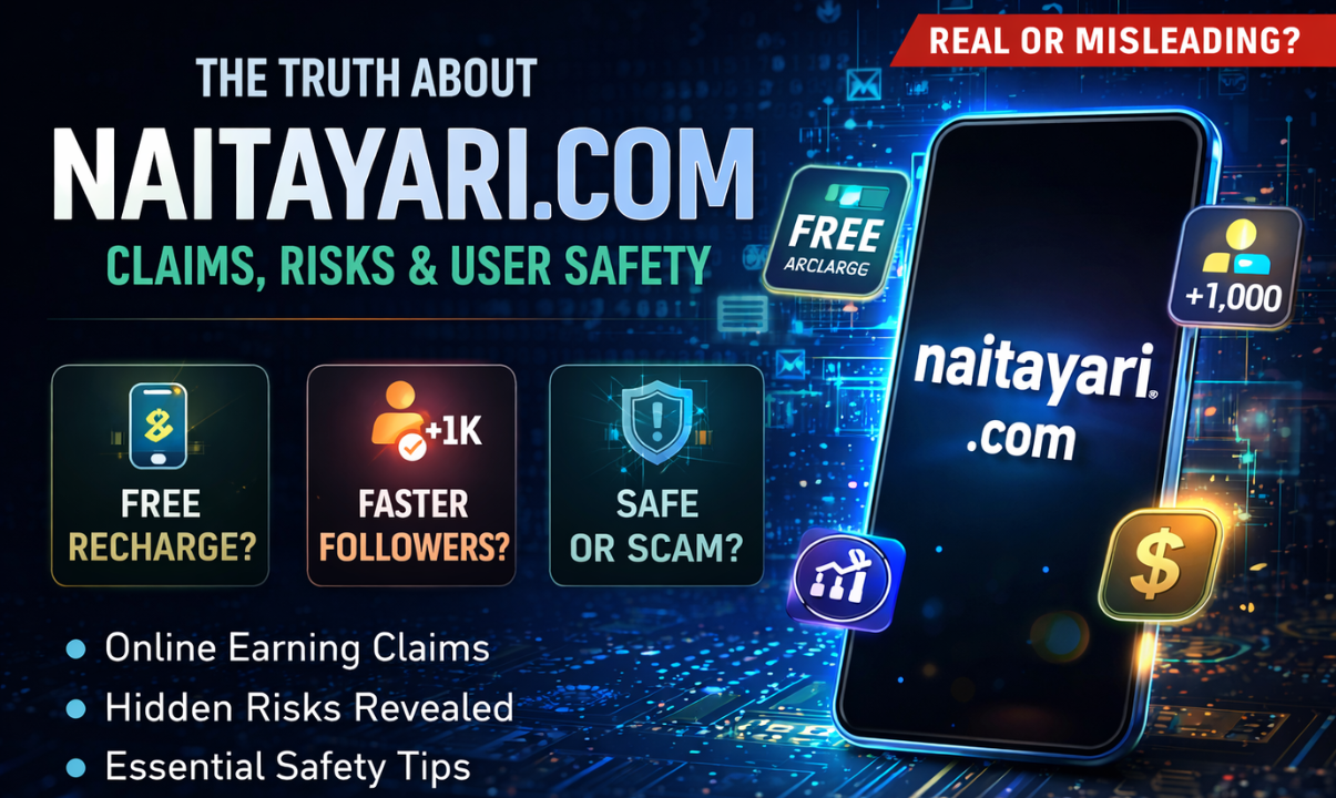 Digital banner showing naitayari.com on a smartphone with icons highlighting free recharge claims, followers growth, and safety concerns.