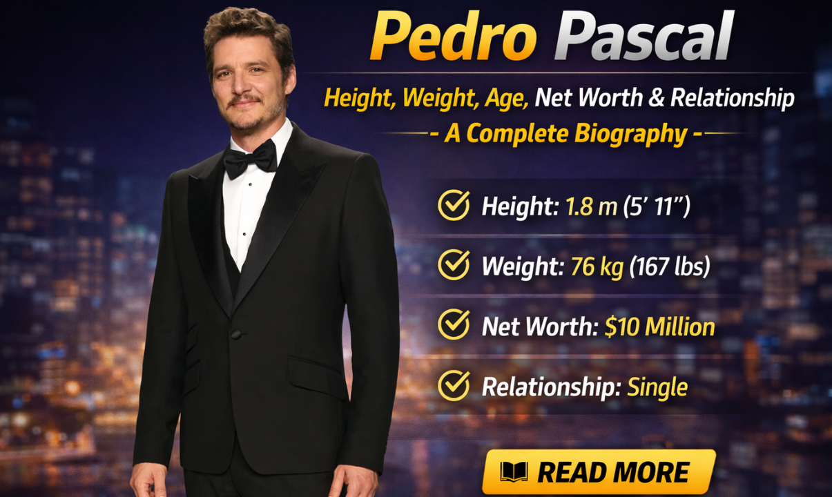 Pedro Pascal in black tuxedo with complete biography including net worth and personal details.